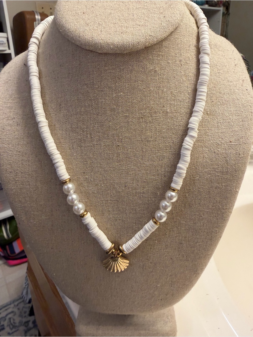 White Shell Bead Necklace with Gold Shell Pendant - Women Jewelry